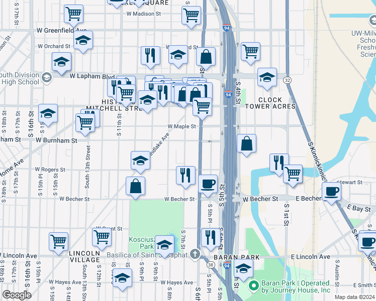 map of restaurants, bars, coffee shops, grocery stores, and more near 1926 South 7th Street in Milwaukee
