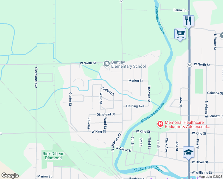 map of restaurants, bars, coffee shops, grocery stores, and more near 1100-1498 Buckley Dr in Owosso Township