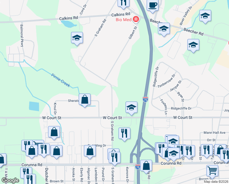map of restaurants, bars, coffee shops, grocery stores, and more near 1373 South Graham Road in Flint