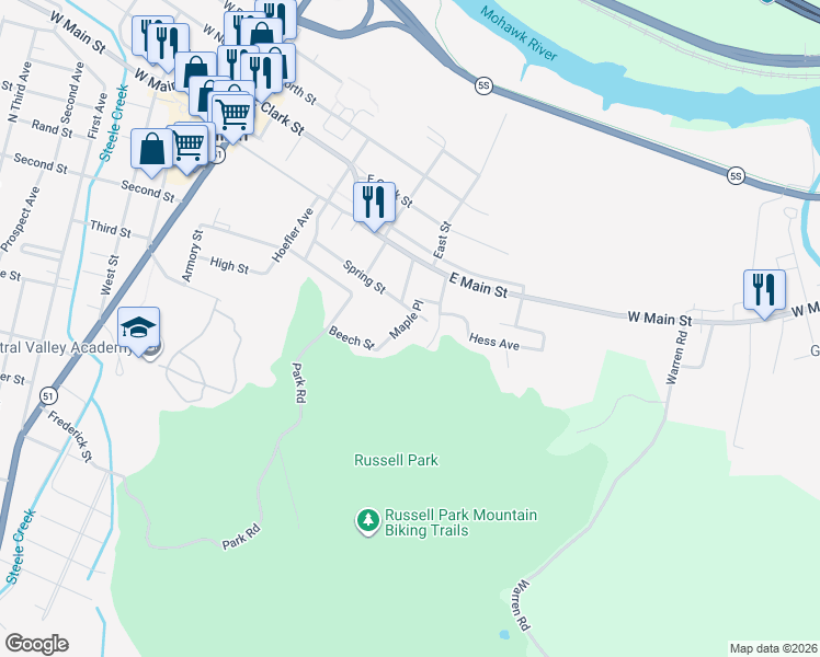map of restaurants, bars, coffee shops, grocery stores, and more near 39 Maple Pl in Ilion