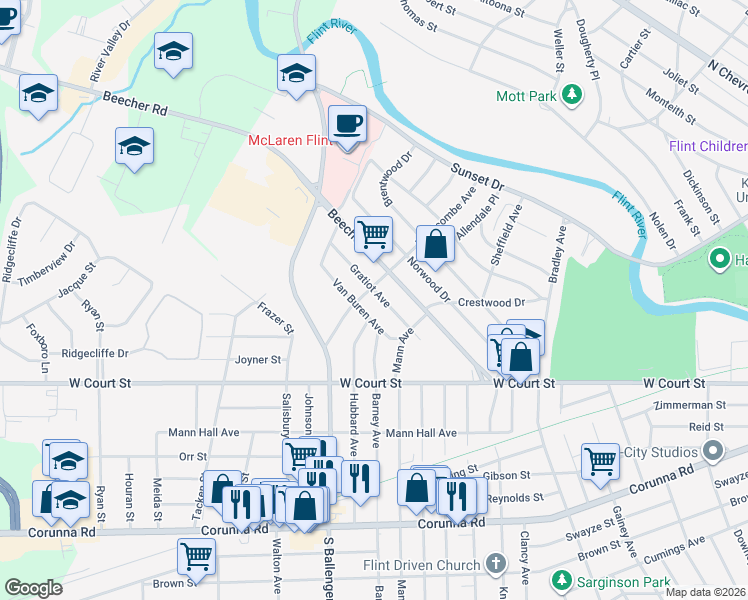 map of restaurants, bars, coffee shops, grocery stores, and more near 3509 Gratiot Avenue in Flint