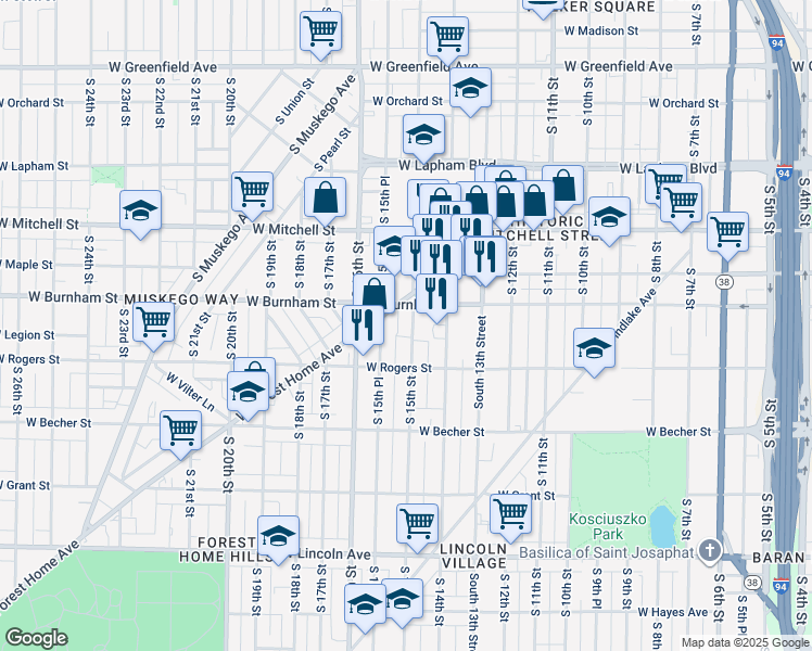 map of restaurants, bars, coffee shops, grocery stores, and more near 1925 South 15th Street in Milwaukee
