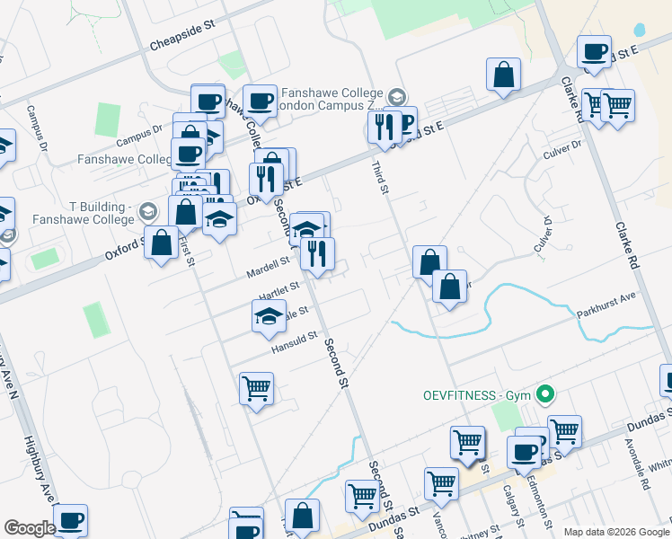 map of restaurants, bars, coffee shops, grocery stores, and more near 550 Second Street in London