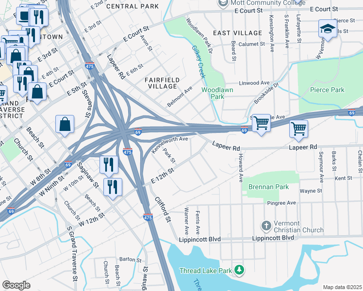 map of restaurants, bars, coffee shops, grocery stores, and more near 1613 Broad Court in Flint