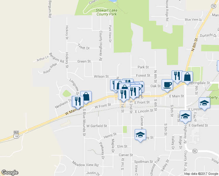 map of restaurants, bars, coffee shops, grocery stores, and more near 205 North Washington Street in Mount Horeb