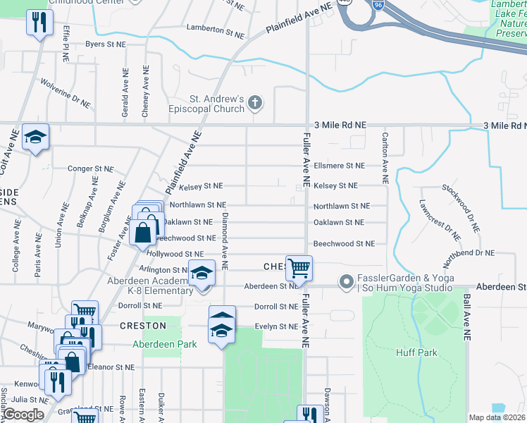 map of restaurants, bars, coffee shops, grocery stores, and more near 1100 Northlawn Street Northeast in Grand Rapids