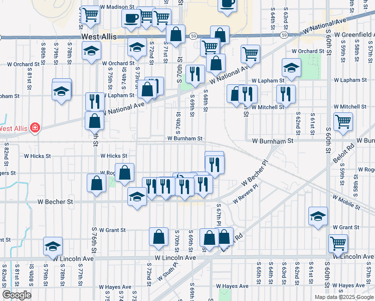 map of restaurants, bars, coffee shops, grocery stores, and more near 1916 South 69th Street in West Allis