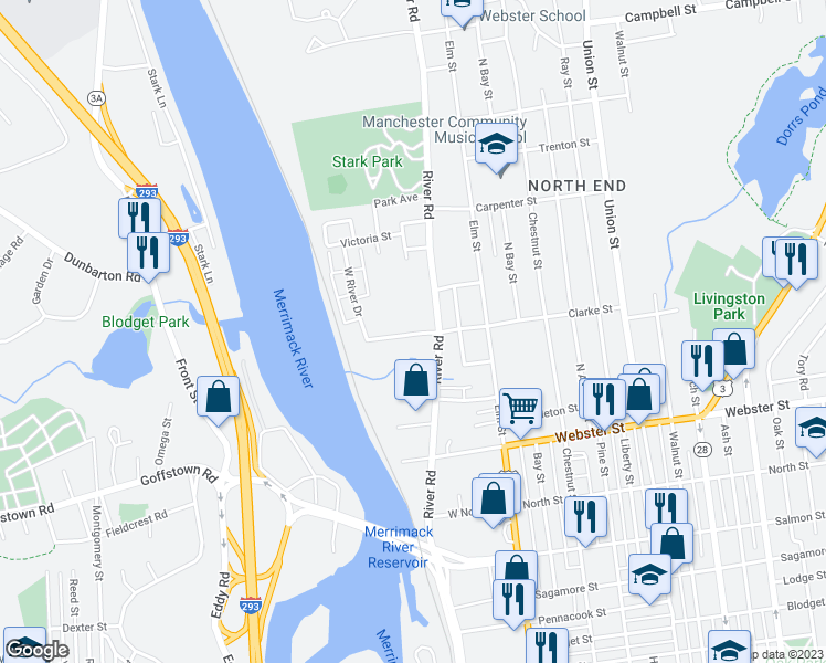 map of restaurants, bars, coffee shops, grocery stores, and more near 125 West Clarke Street in Manchester