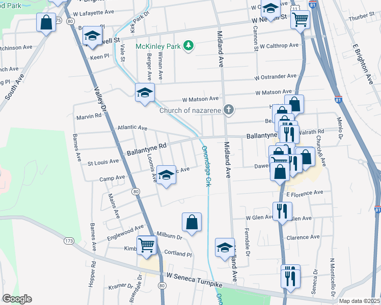 map of restaurants, bars, coffee shops, grocery stores, and more near 126 Coral Ave in Syracuse