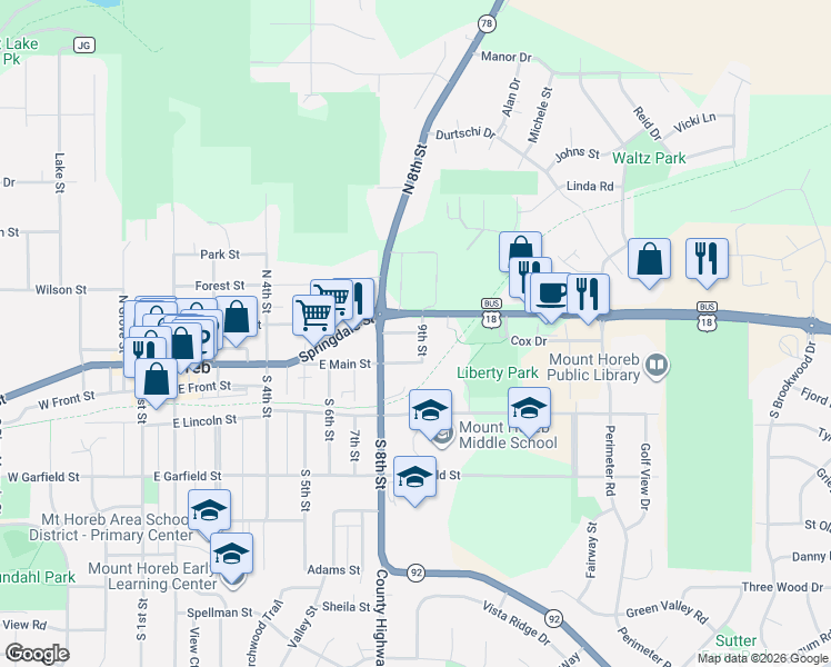 map of restaurants, bars, coffee shops, grocery stores, and more near 201 9th Street in Mount Horeb
