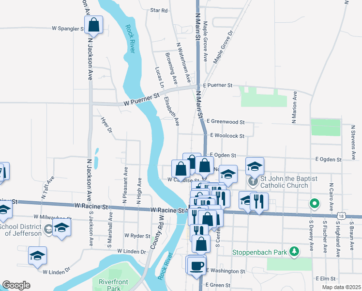 map of restaurants, bars, coffee shops, grocery stores, and more near 416 North Elizabeth Avenue in Jefferson
