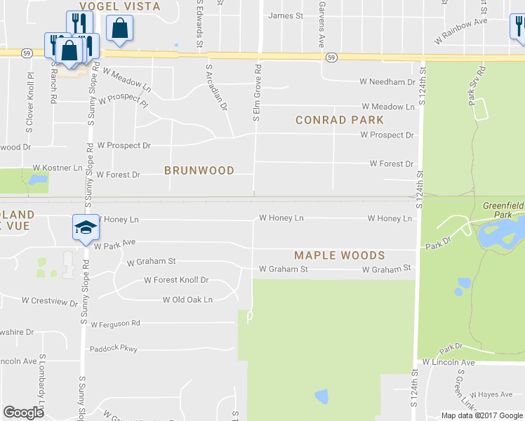 map of restaurants, bars, coffee shops, grocery stores, and more near 13120 W Honey Ln in New Berlin
