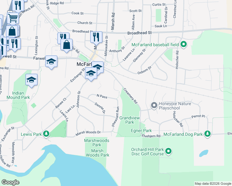 map of restaurants, bars, coffee shops, grocery stores, and more near 6116 Creamery Court in McFarland