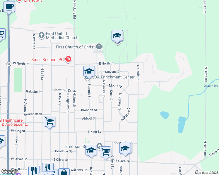map of restaurants, bars, coffee shops, grocery stores, and more near 1033 Krust Drive in Owosso
