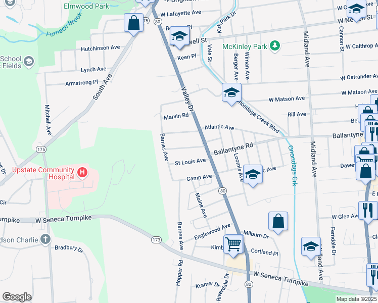 map of restaurants, bars, coffee shops, grocery stores, and more near 135 Valley View Dr in Syracuse