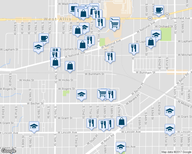 map of restaurants, bars, coffee shops, grocery stores, and more near 1927 South 70th Street in West Allis