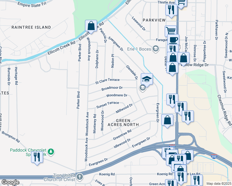 map of restaurants, bars, coffee shops, grocery stores, and more near 108 Woodmere Drive in Tonawanda
