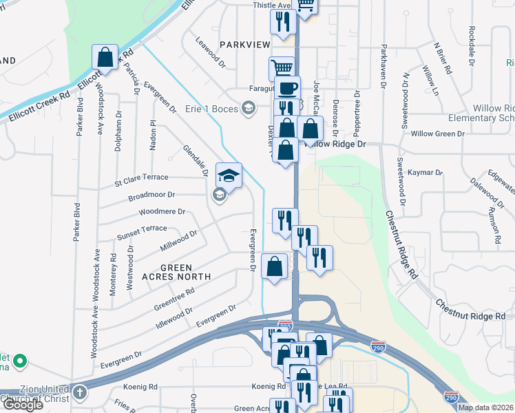 map of restaurants, bars, coffee shops, grocery stores, and more near 451 Evergreen Drive in Tonawanda