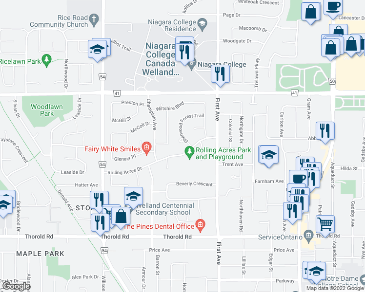 map of restaurants, bars, coffee shops, grocery stores, and more near 10 Sherwood Forest Trail in Welland
