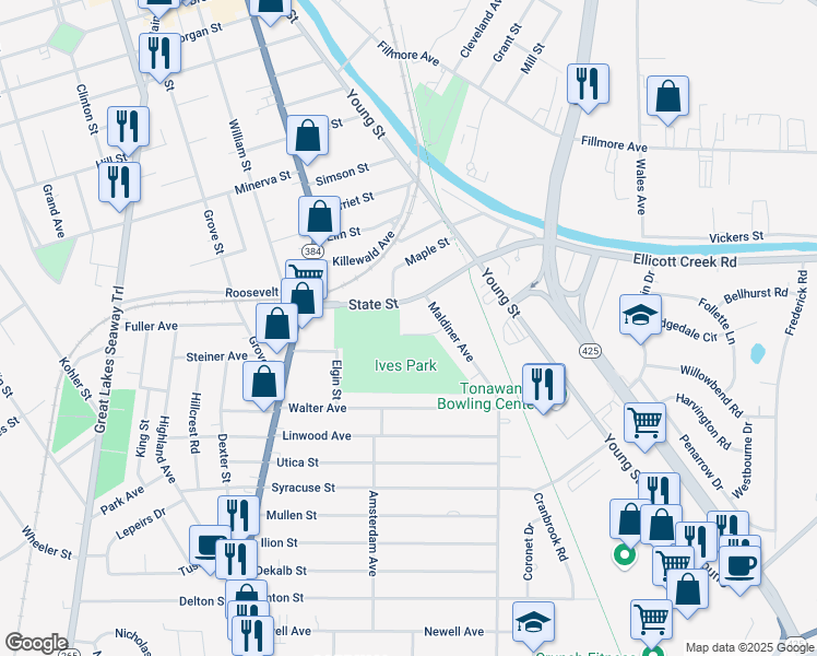 map of restaurants, bars, coffee shops, grocery stores, and more near 67 Frances Street in Tonawanda