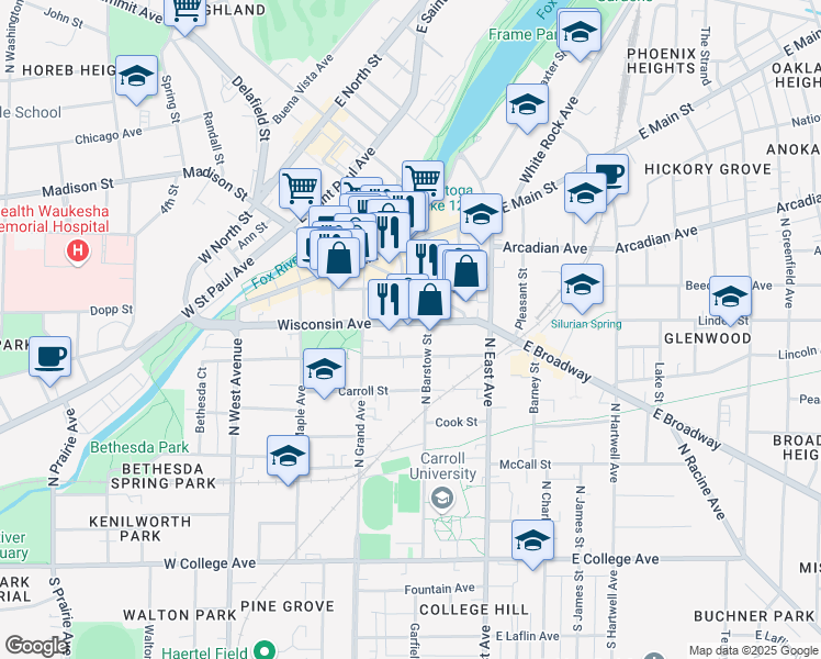 map of restaurants, bars, coffee shops, grocery stores, and more near 217 Wisconsin Avenue in Waukesha