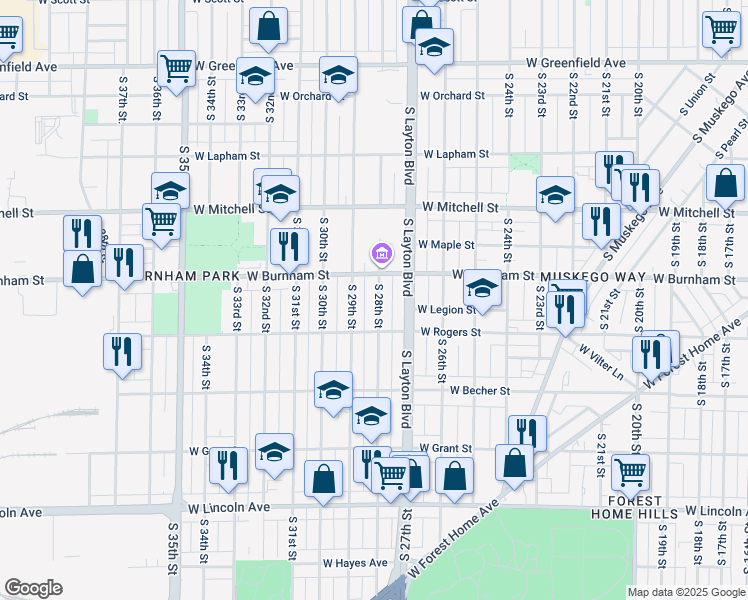 map of restaurants, bars, coffee shops, grocery stores, and more near 1935 South 28th Street in Milwaukee