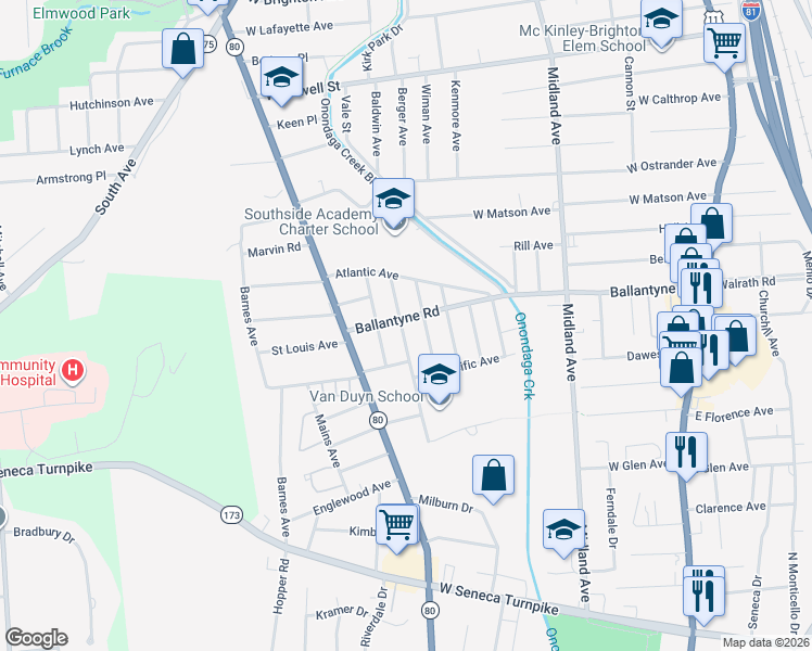 map of restaurants, bars, coffee shops, grocery stores, and more near 218 Empire Avenue in Syracuse