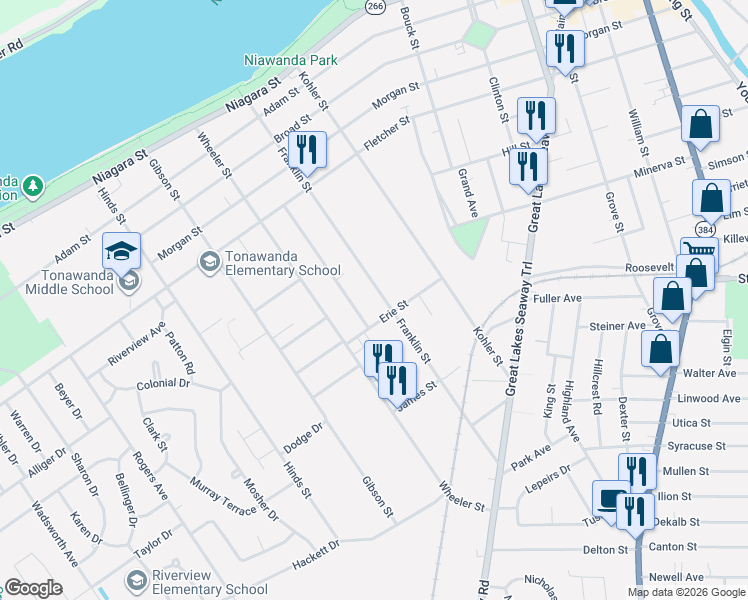map of restaurants, bars, coffee shops, grocery stores, and more near 248 Franklin Street in Tonawanda