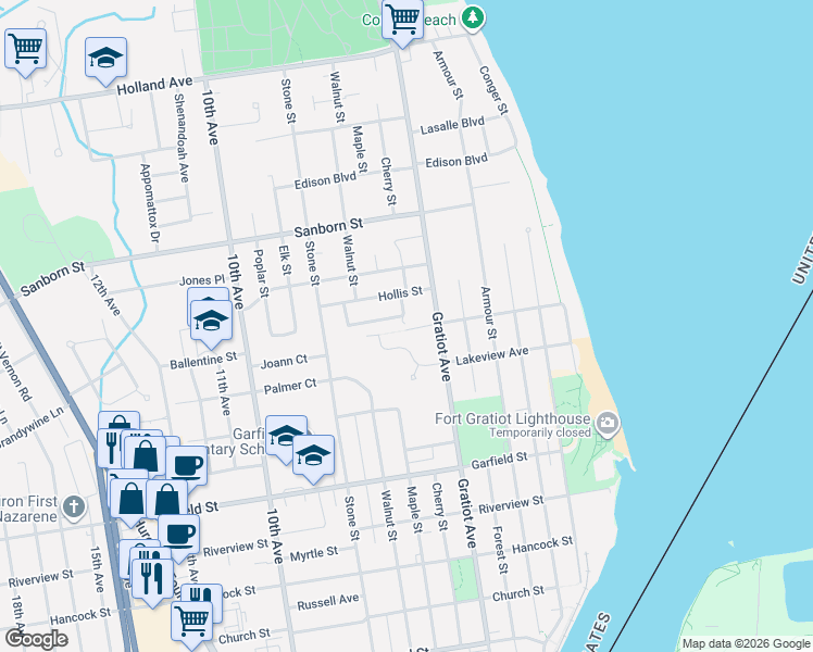 map of restaurants, bars, coffee shops, grocery stores, and more near 838 Bonhomme Court in Port Huron
