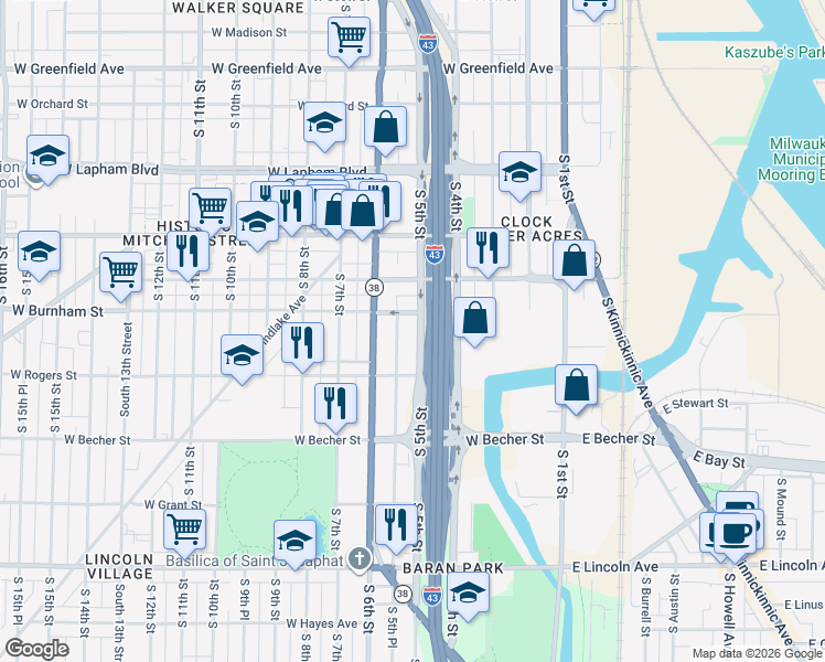 map of restaurants, bars, coffee shops, grocery stores, and more near 1937 South 5th Street in Milwaukee