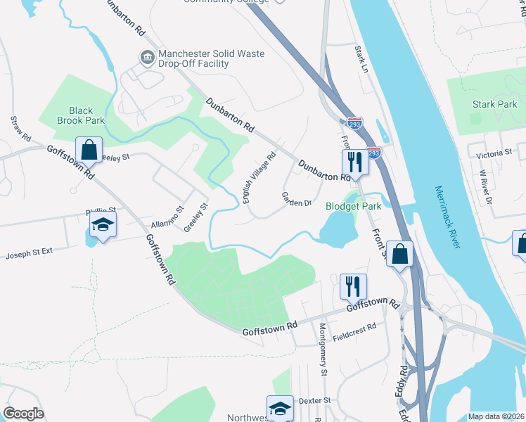 map of restaurants, bars, coffee shops, grocery stores, and more near 111 English Village Road in Manchester