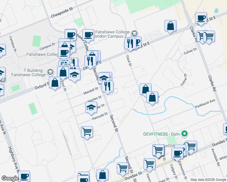 map of restaurants, bars, coffee shops, grocery stores, and more near 550 Second Street in London