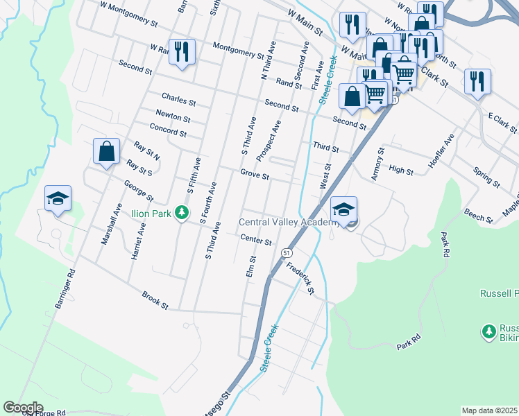map of restaurants, bars, coffee shops, grocery stores, and more near 76 Fourth Street in Ilion