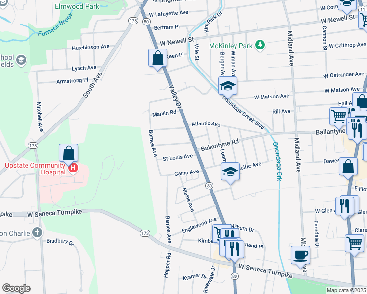 map of restaurants, bars, coffee shops, grocery stores, and more near 135 Valley View Drive in Syracuse