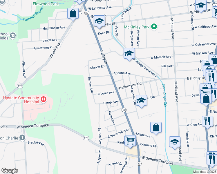 map of restaurants, bars, coffee shops, grocery stores, and more near 135 Valley View Drive in Syracuse