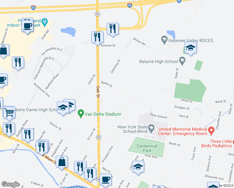 map of restaurants, bars, coffee shops, grocery stores, and more near 14 Burke Drive in Batavia