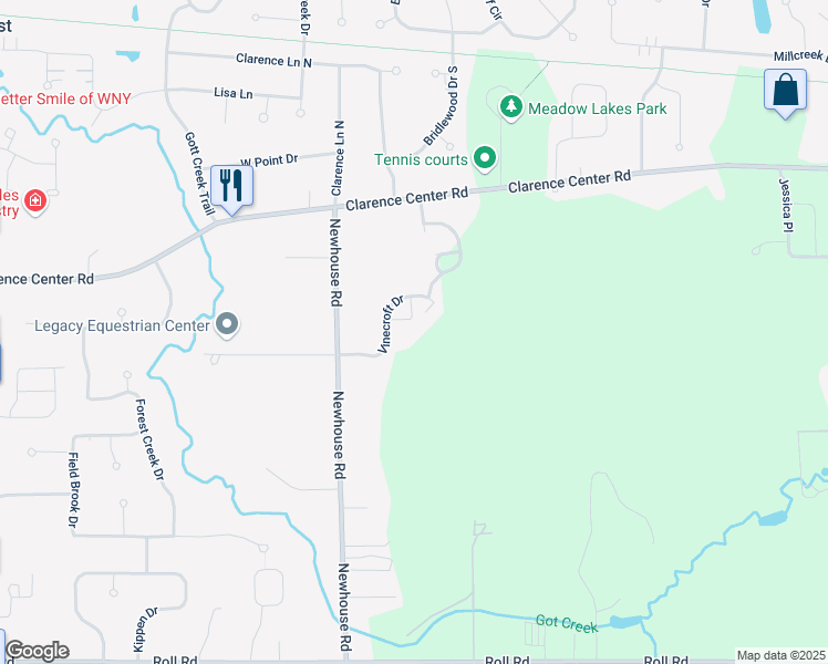 map of restaurants, bars, coffee shops, grocery stores, and more near 5945 Vinecroft Drive in Clarence Center
