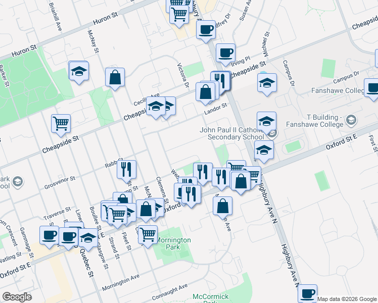 map of restaurants, bars, coffee shops, grocery stores, and more near 140 Oakside Street in London