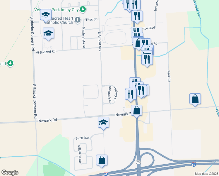 map of restaurants, bars, coffee shops, grocery stores, and more near 1939 Shagbark Lane in Imlay City
