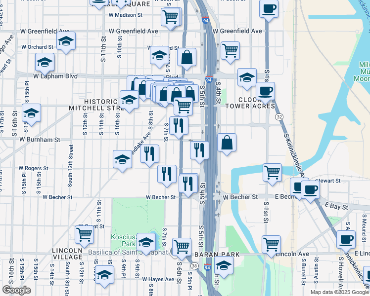map of restaurants, bars, coffee shops, grocery stores, and more near 1927 South 5th Place in Milwaukee