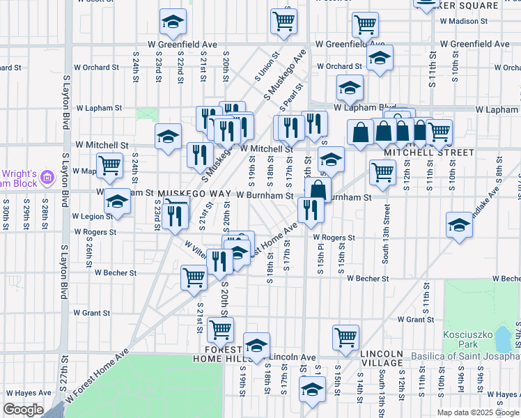 map of restaurants, bars, coffee shops, grocery stores, and more near 1942 South Congo Avenue in Milwaukee