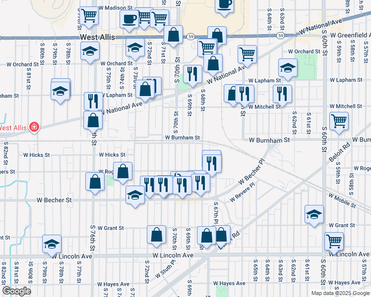 map of restaurants, bars, coffee shops, grocery stores, and more near 1916 South 69th Street in West Allis