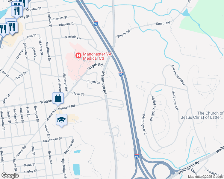 map of restaurants, bars, coffee shops, grocery stores, and more near 44 Croteau Court in Manchester