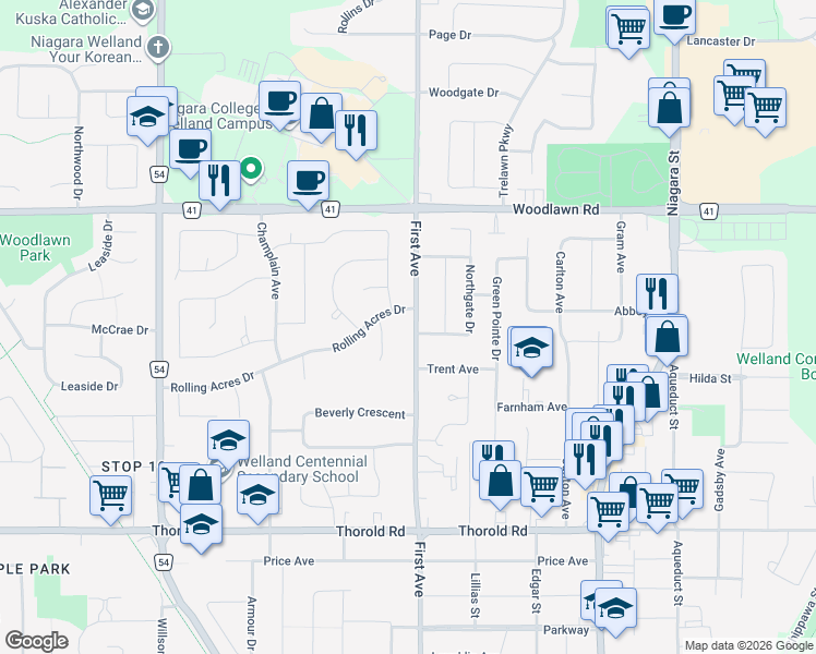 map of restaurants, bars, coffee shops, grocery stores, and more near 341 First Avenue in Welland