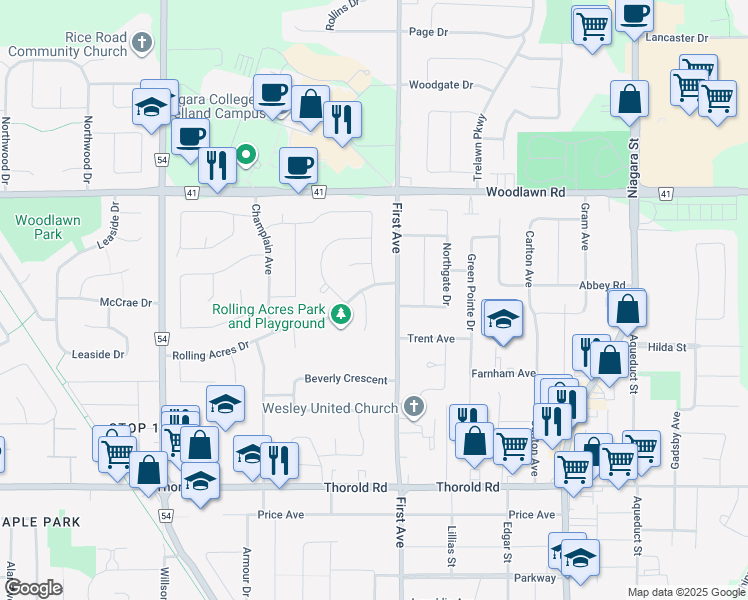 map of restaurants, bars, coffee shops, grocery stores, and more near 9 Nottingham Court in Welland