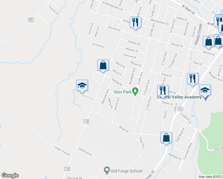 map of restaurants, bars, coffee shops, grocery stores, and more near 22 Hall St in Ilion