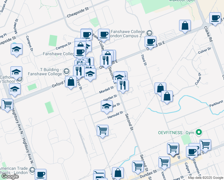 map of restaurants, bars, coffee shops, grocery stores, and more near 1643 Mardell Street in London