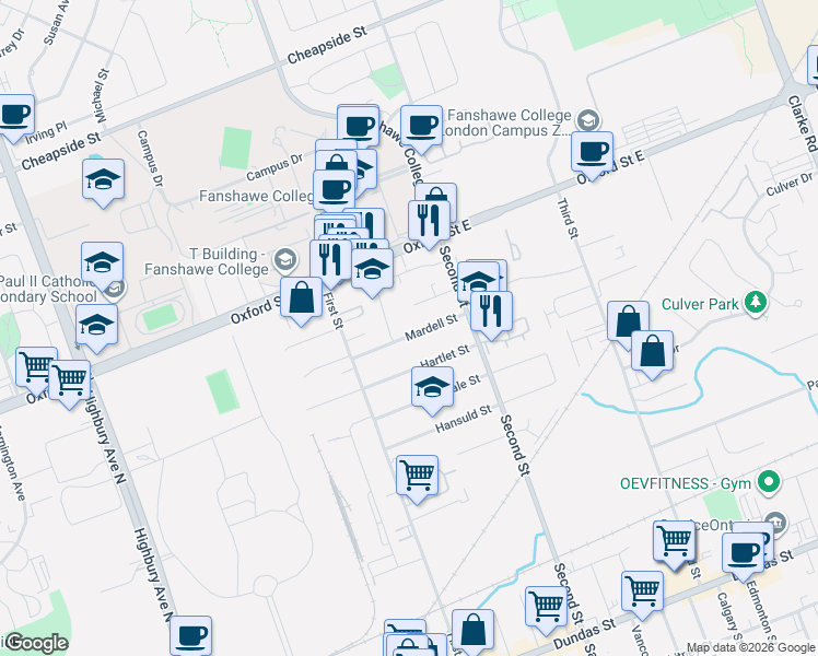 map of restaurants, bars, coffee shops, grocery stores, and more near 1626 Mardell Street in London