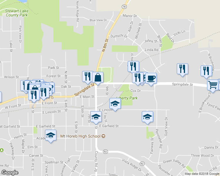 map of restaurants, bars, coffee shops, grocery stores, and more near 201 9th Street in Mount Horeb
