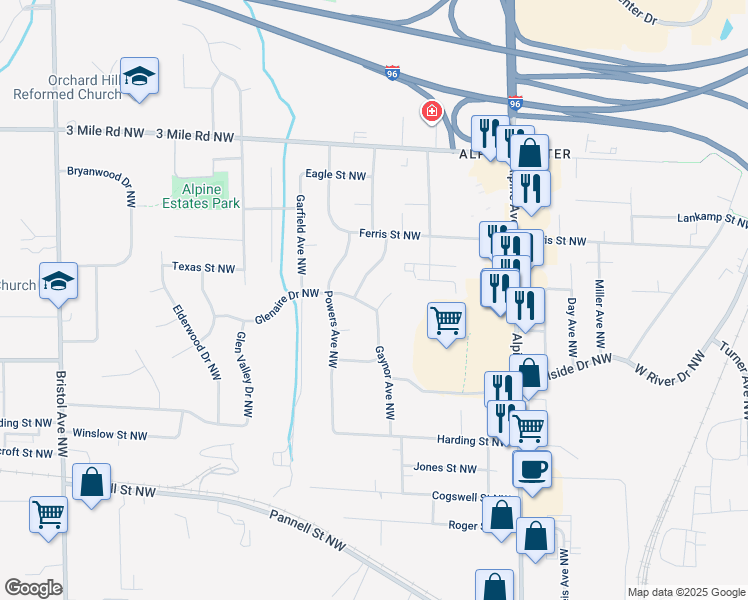 map of restaurants, bars, coffee shops, grocery stores, and more near 1031 Gaynor Court Northwest in Grand Rapids